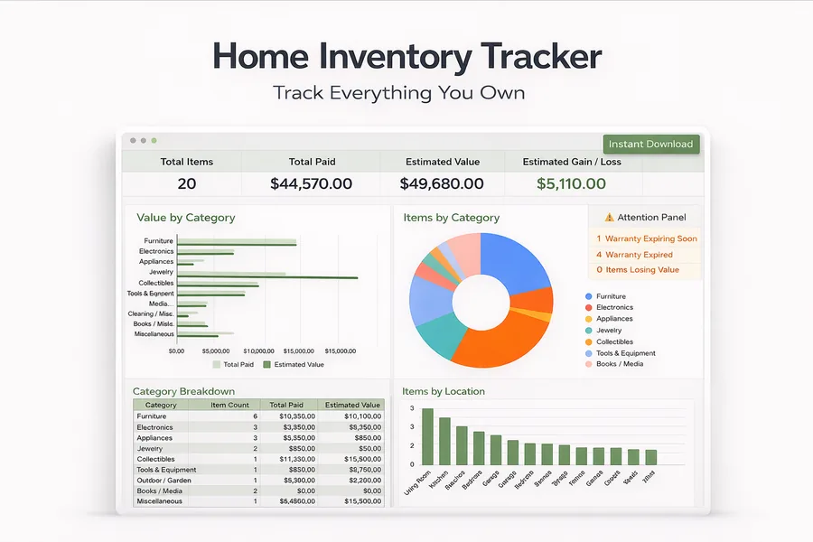 Home Inventory & Asset Tracker, Google Sheets template preview